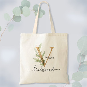 Brudtärna Guldblad Grönska Lövverk Monogram "V" Tygkasse