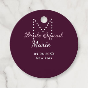 Brudtärna lägg till namnmonogram brudtärna mauve gåvor etiketter