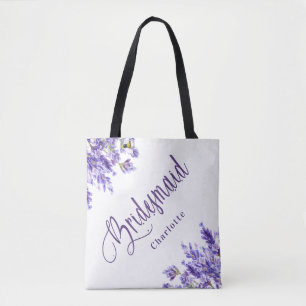 Brudtärna lila blommor violett script bröllop tygkasse