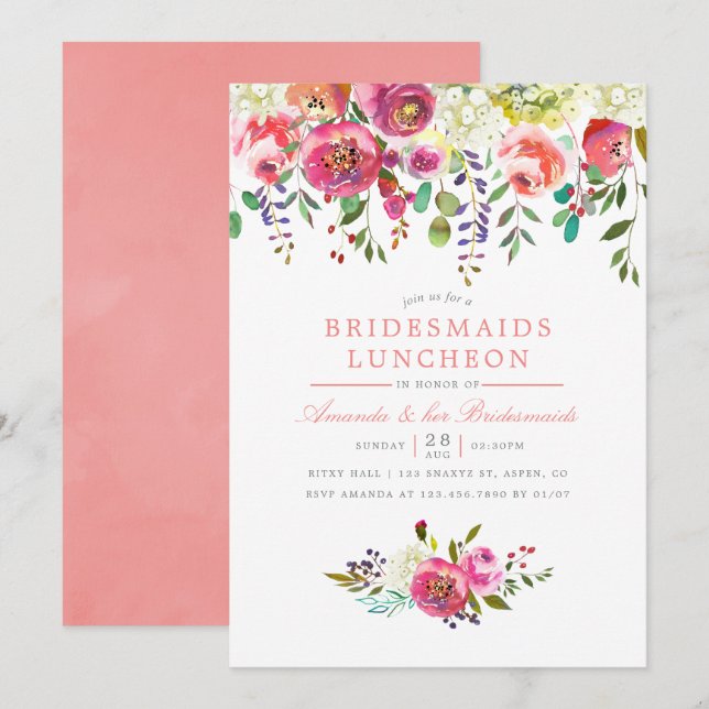 Brudtärna Lunchen Inbjudan Rosa Persika Blommor (Fram/baksida)