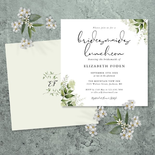 Brudtärna Luncheon med blomster monogram Inbjudningar (Greenery Floral Monogram Bridesmaids Luncheon Invitation)