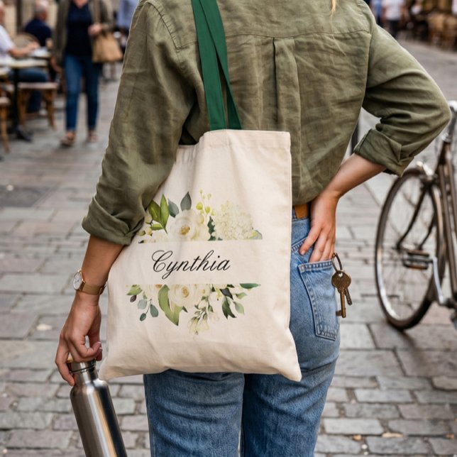 Brudtärna med grönska vita rosor akvarell blommand tygkasse (Skapare uppladdad)