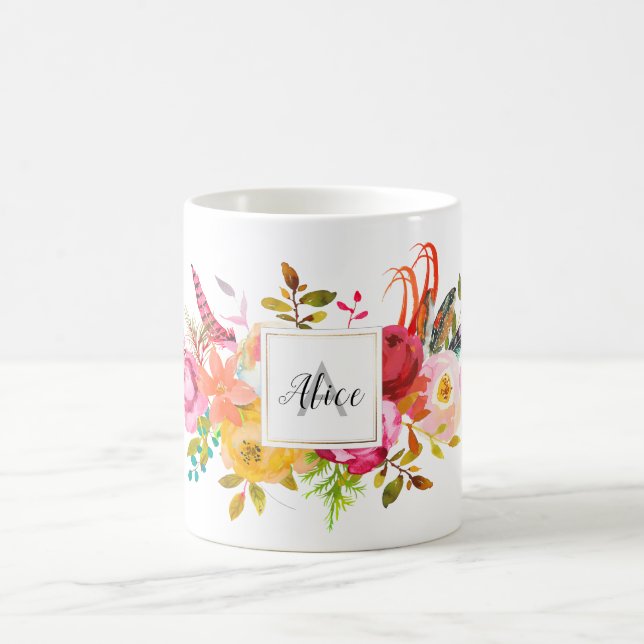 Brudtärna Monogram Watercolor Boho Rosa Blommor Kaffemugg (Center)