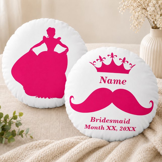 Brudtärna Rosa Mustasch Rund Kuddöverdrag Kudde (Bridesmaid Pink Mustache Round Throw Pillow)
