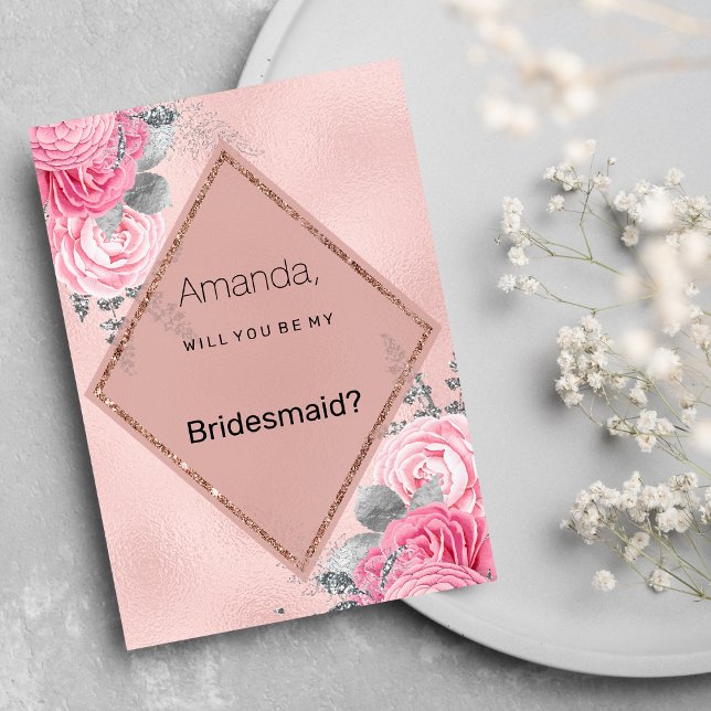 Brudtärna rosa silver glitter peony blomster  inbjudningar (Blush pink silver glitter peony floral Bridesmaid)