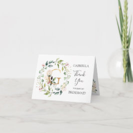 Brudtärna tackkort med blomsterkrans och bokstaven