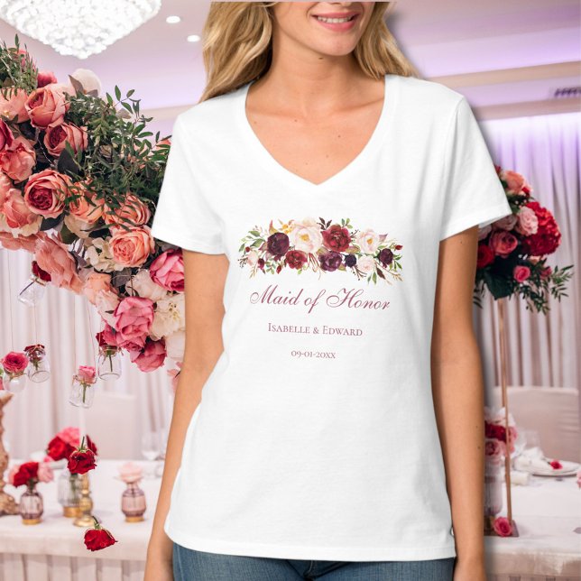 Brudtjänare Burgunder Rosa Ros Blommig T Shirt (Skapare uppladdad)