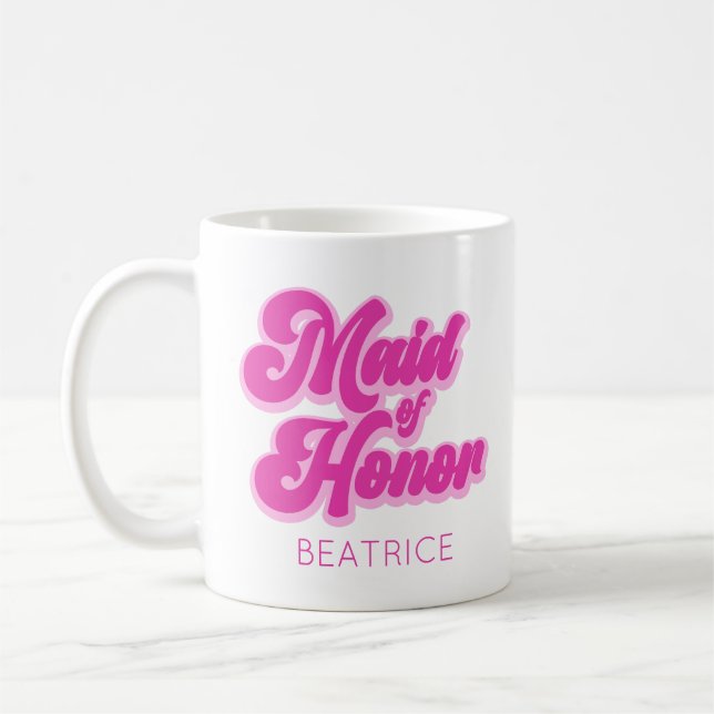 Brudtjänare Rosa Retro Anpassat Namn Kaffemugg (Vänster)