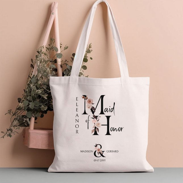 Brudtjänst Blomma Bokstav Boho Blommig Bröllop Tygkasse (Bridal party gift to personalize for your Maid of Honor)
