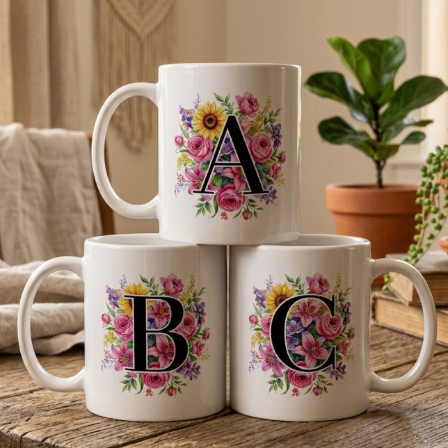 Brudtjänst | Blommig Monogramm Kopp Present till H (Custom floral birthday gift for her | teacher appreciation gift | best friend gift | bridesmaid mug)