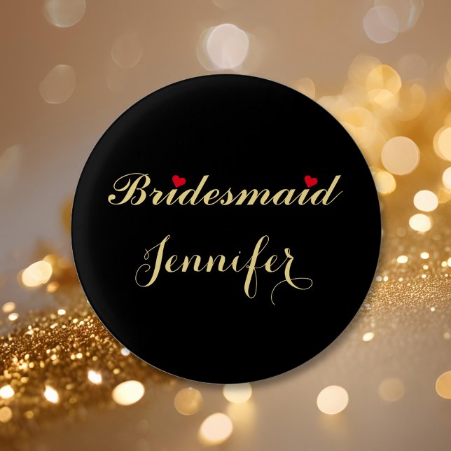 Brudtjänst Bröllop Brud Brudtjejfest Svart Knapp (Maid of Honor Bridal Bachelorette Party Wedding Pinback Button)