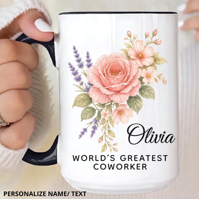 Brudtjänst | Modern Blommig Lärare Kollega Namn Kaffemugg (Personalized Watercolor Flower Mug Gift for Bridesmaid Proposal | Mother’s day | Coworker | Teacher)