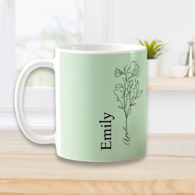 Brudtjänst Namn Söt Ärta April Födelsemånad Blomma Kaffemugg (Bridesmaid Name Sweet Pea April Birth Flower Coffee Mug)