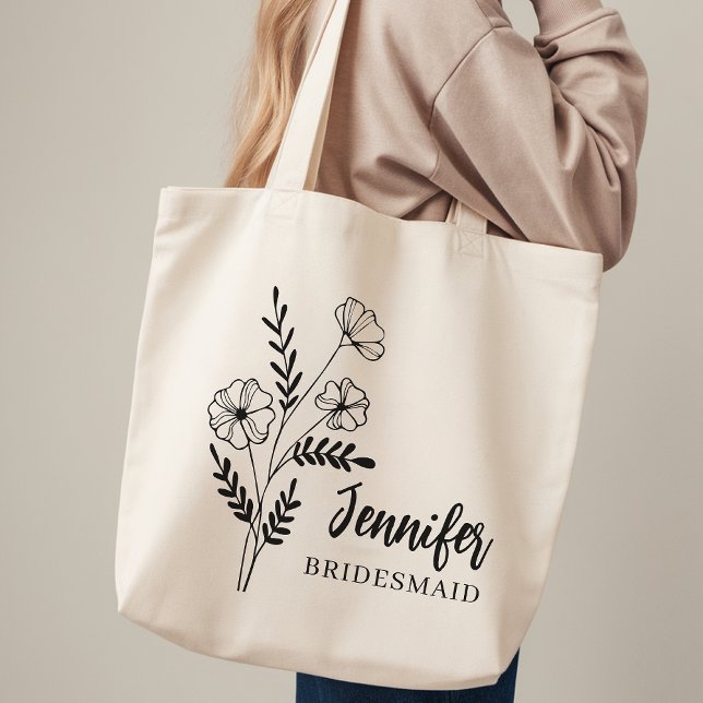 Brudtjänst | Rustik Bröllopsfest Personlig Namn Tygkasse (Floral Wedding Tote Bag for Bride Squad, Personalized  Minimalist Floral Bridesmaid Tote bag for her)