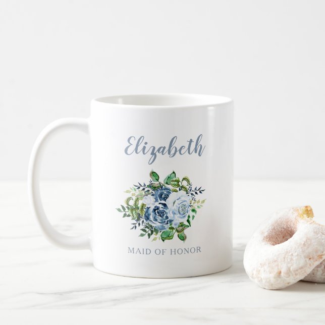 Brudtjänst vattenfärg blommig dammig blå bröllop kaffemugg (Med munk)