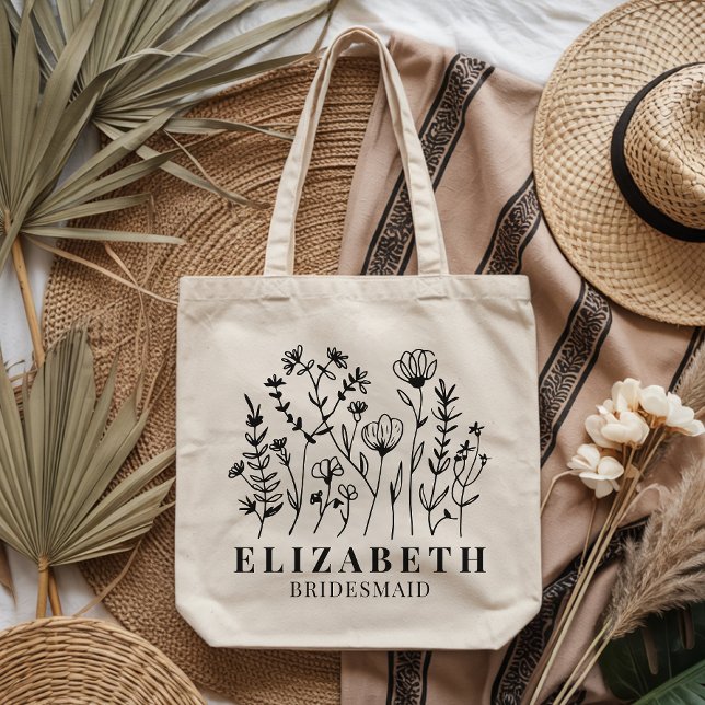 Brudtjänsteflicka | Anpassad rustik vildblomma möh Tygkasse (Personalized Wildflower Tote Bag Gift for bridesmaid, bride, bride squad, or maid of honor)