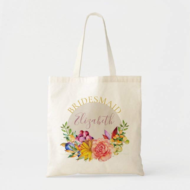Brudtjänsteflicka med namn blomsterbukett tygkasse (Framsidan)