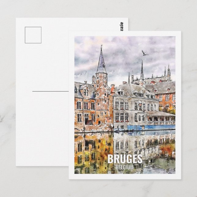 Bruges Belgium Travel Ställe Watercolor Vykort (Fram/baksida)