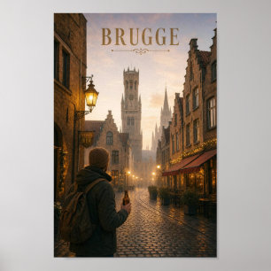Bruges kullerstensgata vid skymningstid Affisch