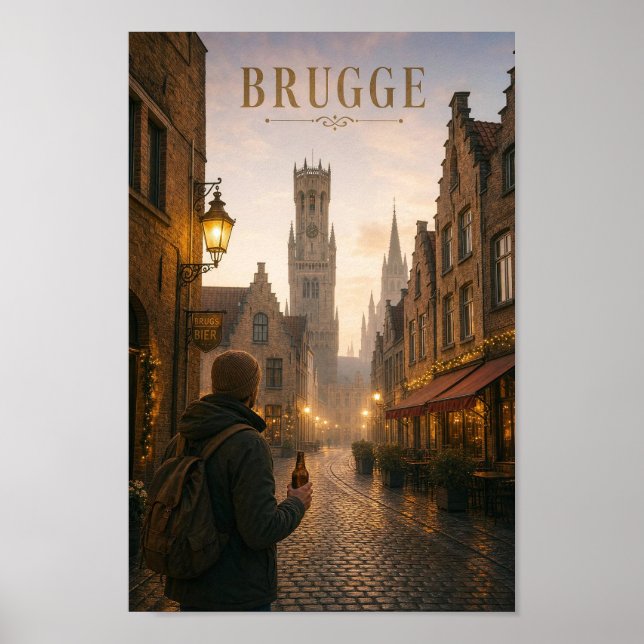 Bruges kullerstensgata vid skymningstid Affisch (Framsidan)