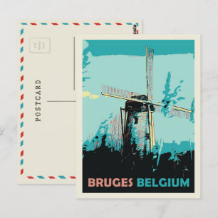 Bruges kvarn illustration Belgium Postcard Vykort