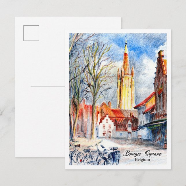 Bruges Square Belgium Colored Pencils Vykort (Fram/baksida)