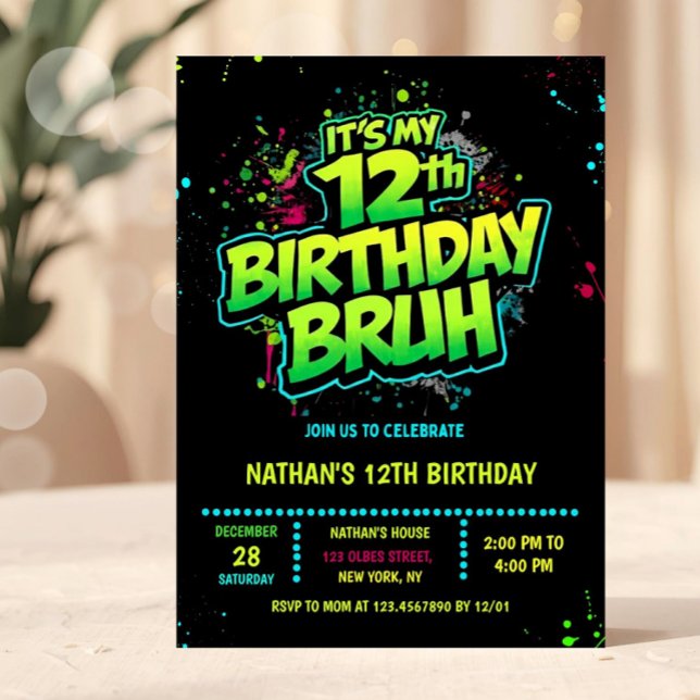 Bruh 12th Birthday Boy Neon Modern Invitation Inbjudningar (neon 12th birthday invitation, 12th birthday party, 12 twelve, green black, gamer gaming tech comput)
