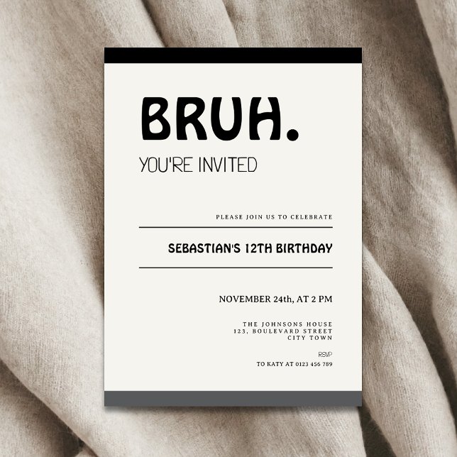 Bruh 12th Birthday Invitation Teens Boy Party Inbjudningar (Bruh 12th birthday invitation for boys)