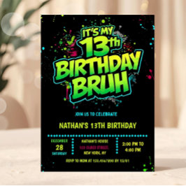 Bruh 13th Birthday Boy Neon Modern Invitation Inbjudningar