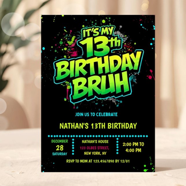 Bruh 13th Birthday Boy Neon Modern Invitation Inbjudningar (Bruh, You In? Neon Arcade Video Games Boy Birthday Invitation)
