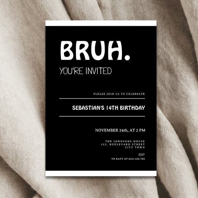 Bruh 14-års inbjudan tonårspojke svart (Bruh 14th birthday invitation for boys)