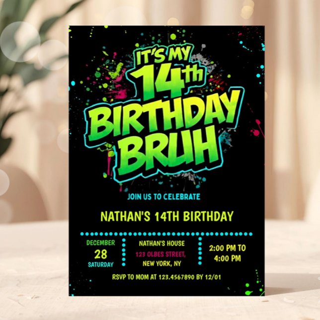 Bruh 14th Birthday Boy Neon Modern Invitation Inbjudningar (Bruh, You In? Neon Arcade Video Games Boy Birthday Invitation)