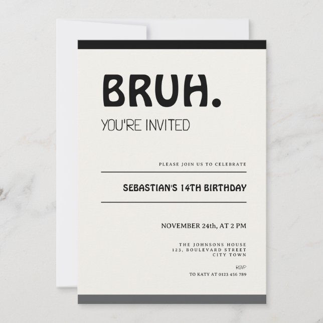 Bruh 14th Birthday Invitation Teens Boy Party Inbjudningar (Framsida)