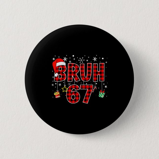 Bruh 67 Meme Rolig Jul Röd Plaid Xmas Pyjamas Knapp (Framsida)