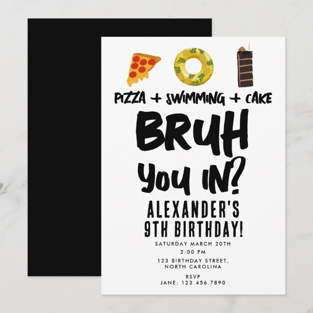 Bruh, är du med? Boy Teenager Birthday Pizza Bassä Inbjudningar (Fram/baksida)