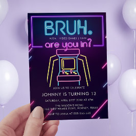 Bruh, är du med? Neon Arcade Video Games Boy Birth Inbjudningar
