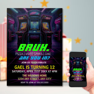 Bruh, är du med? Neon Arcade Video Games Boy Birth Inbjudningar