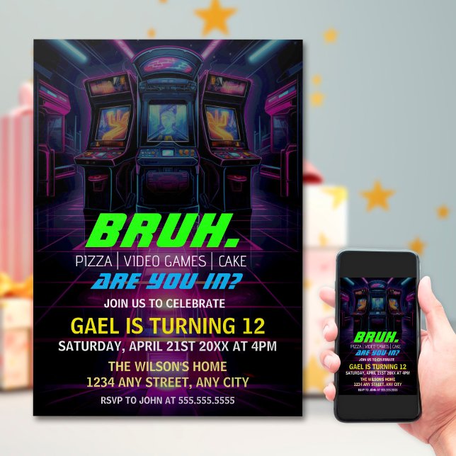Bruh, är du med? Neon Arcade Video Games Boy Birth Inbjudningar (Skapare uppladdad)