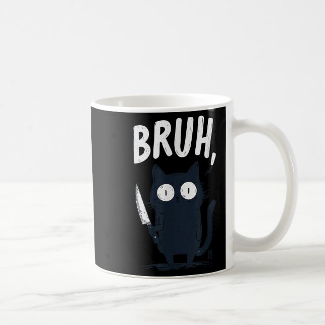Bruh Black Cat Holding Knivar Funny Meme Humor Kaffemugg (Höger)