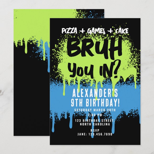 Bruh Boy Födelsedagsfest Neon Graffiti Grönt Blue Inbjudningar (Fram/baksida)