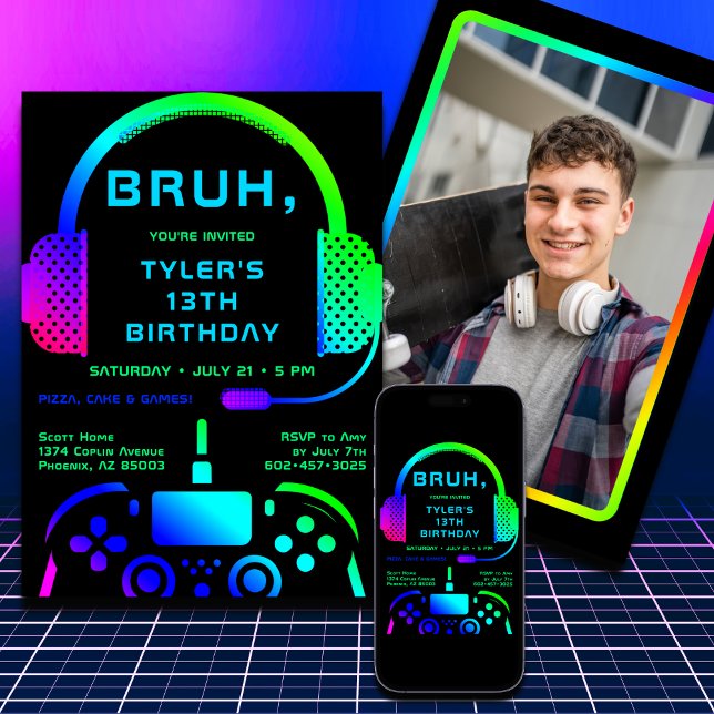 Bruh Boy Tonåring fotomall för födelsedagsvideospe Inbjudningar (The number can be changed to any age.)