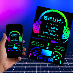 Bruh Boy Tonåring Neon Video Game Party på födelse Inbjudningar