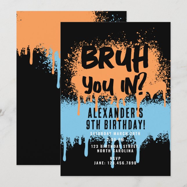 Bruh Boy's Birthday Neon Graffiti Orange Blue Inbjudningar (Fram/baksida)
