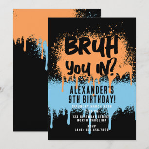 Bruh Boy's Birthday Neon Graffiti Orange Blue Inbjudningar