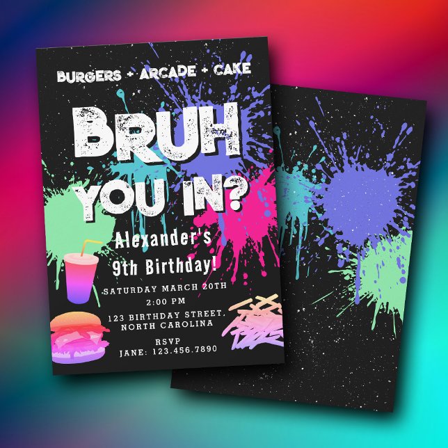 Bruh Boy's Birthday Neon Graffiti Teenager Burgers Inbjudningar (Bruh Boy's Birthday Neon Graffiti Teenager Burgers Invitation)