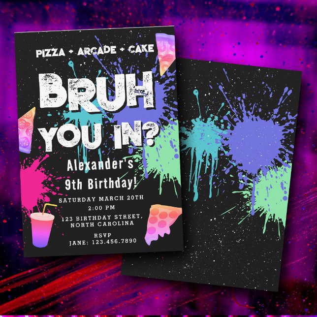Bruh Boy's Birthday Neon Graffiti Teenager Pizza Inbjudningar (Bruh Boy's Birthday Neon Graffiti Teenager Pizza Invitation)