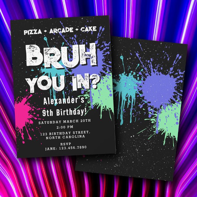 Bruh Boy's Birthday Party Neon Graffiti Teenager Inbjudningar (Bruh Boy's Birthday Party Neon Graffiti Teenager Invitation)