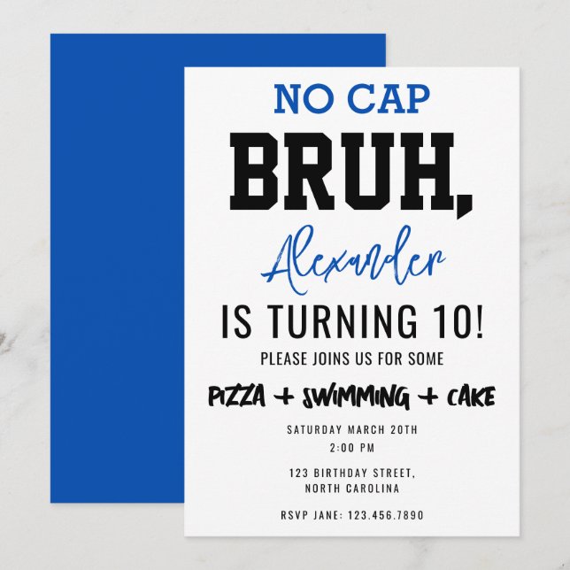 Bruh Boy's Teenager Birthday No Cap Tonåring Boy Inbjudningar (Fram/baksida)
