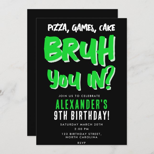 Bruh Boy's Teenager Tonåring Boy Grönt Födelsedags Inbjudningar (Fram/baksida)