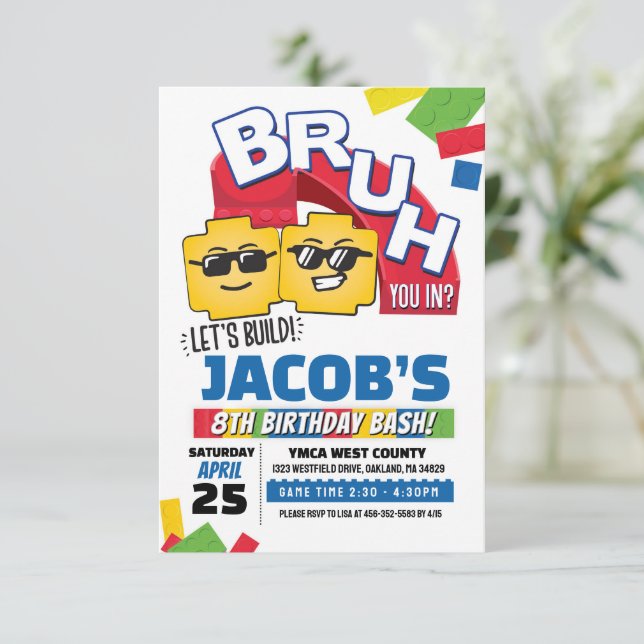 Bruh Building Block Birthday Invitation Inbjudningar (Stående Fram)